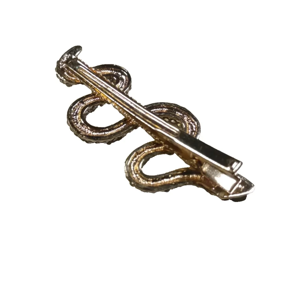Snake Rhinestone Hair Clip Barrette Black Clear Blue Eyes Gold Tone Goth...